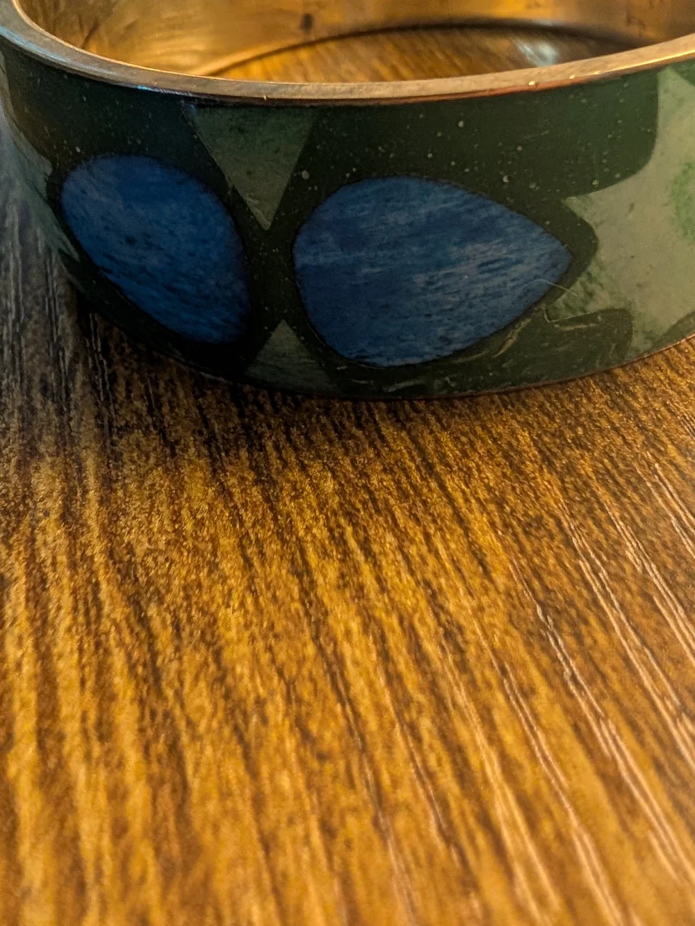 Green and Blue Inlaid Leaf Bangle Enamel Over Brass